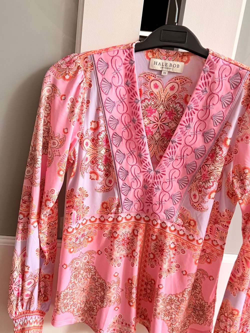 Hale Bob Pink Paisley Embroidered V-Neck Blouse